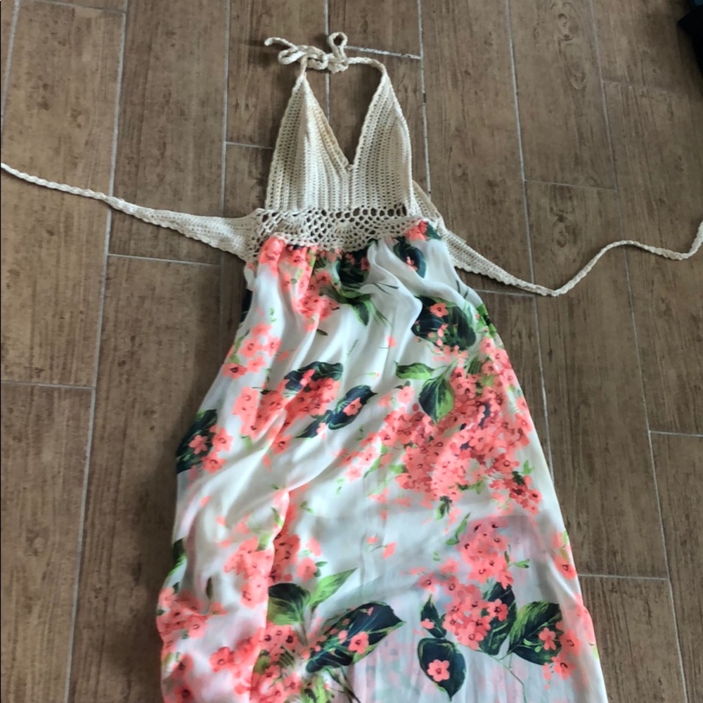 Boho knit floral backless maxi dress